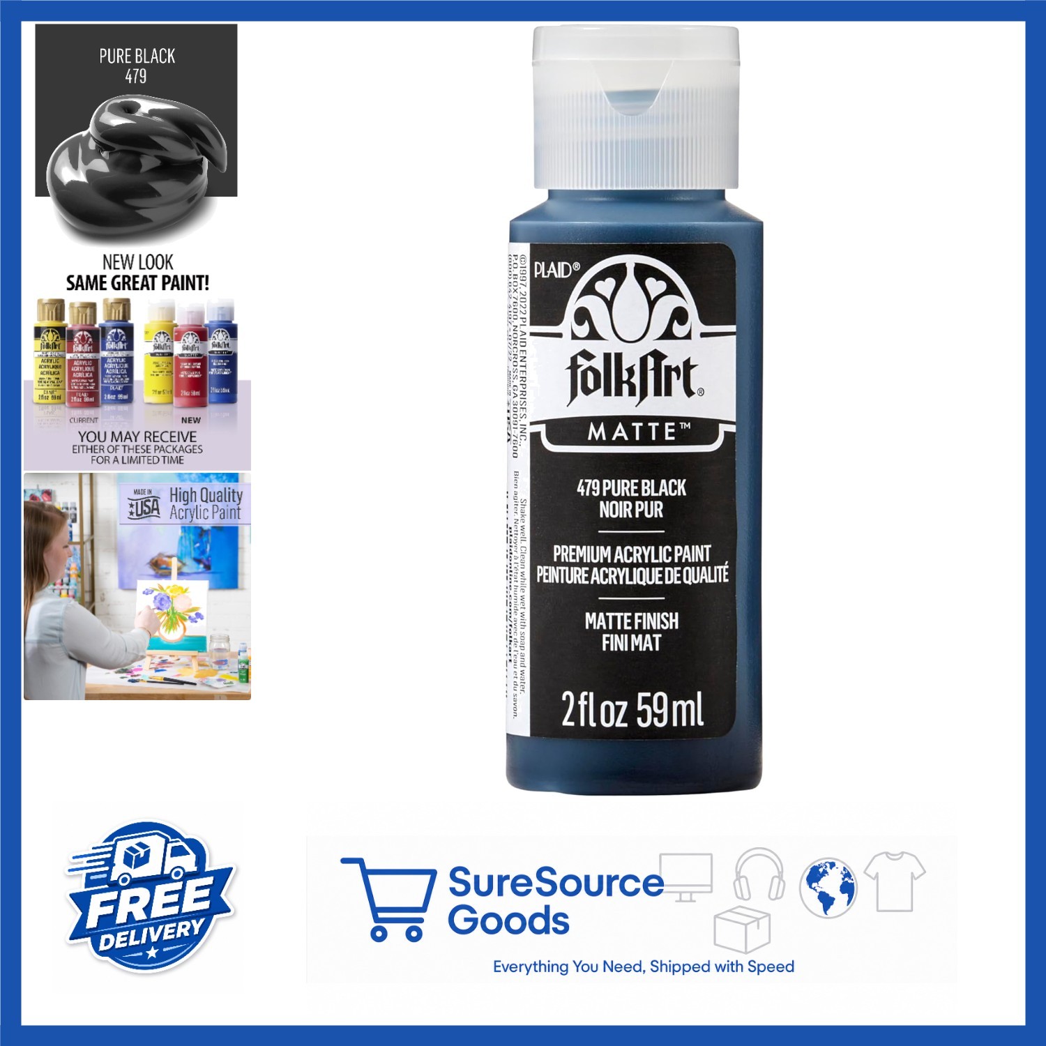 2 Oz Acrylic Paint Pure Black Non Toxic for Indoor Arts and Crafts Projects