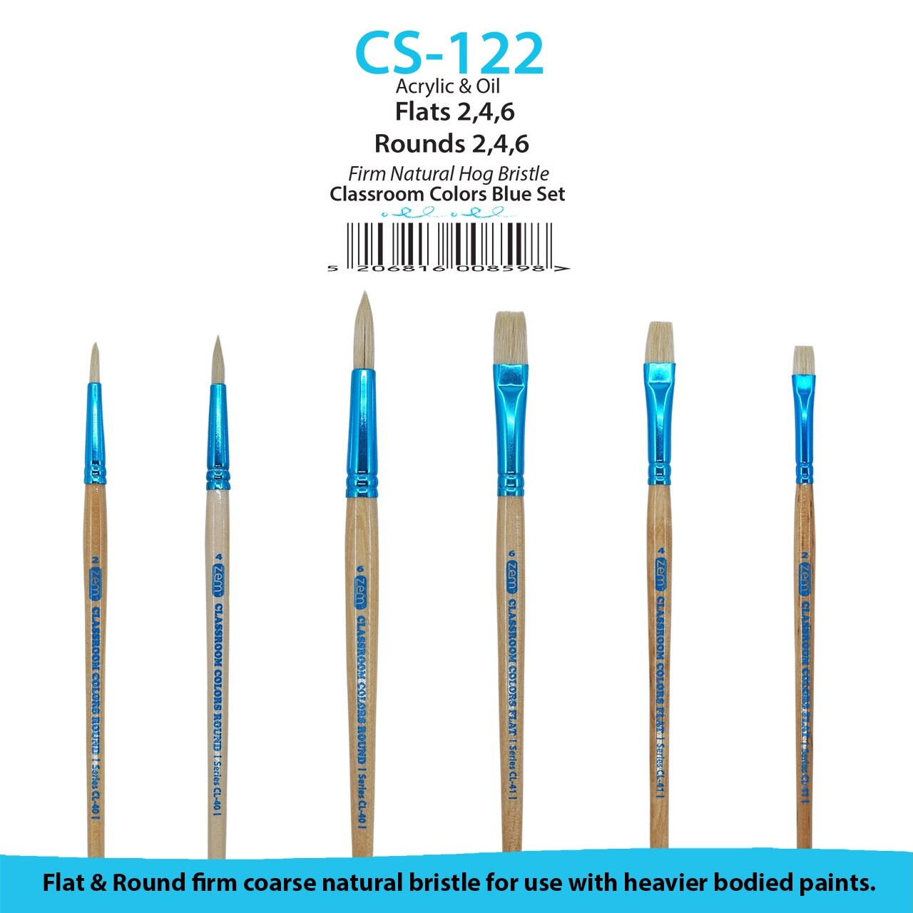 ZEM Classroom Colors Natural Hog Bristle Firm Artist Brush Sets 6 Types