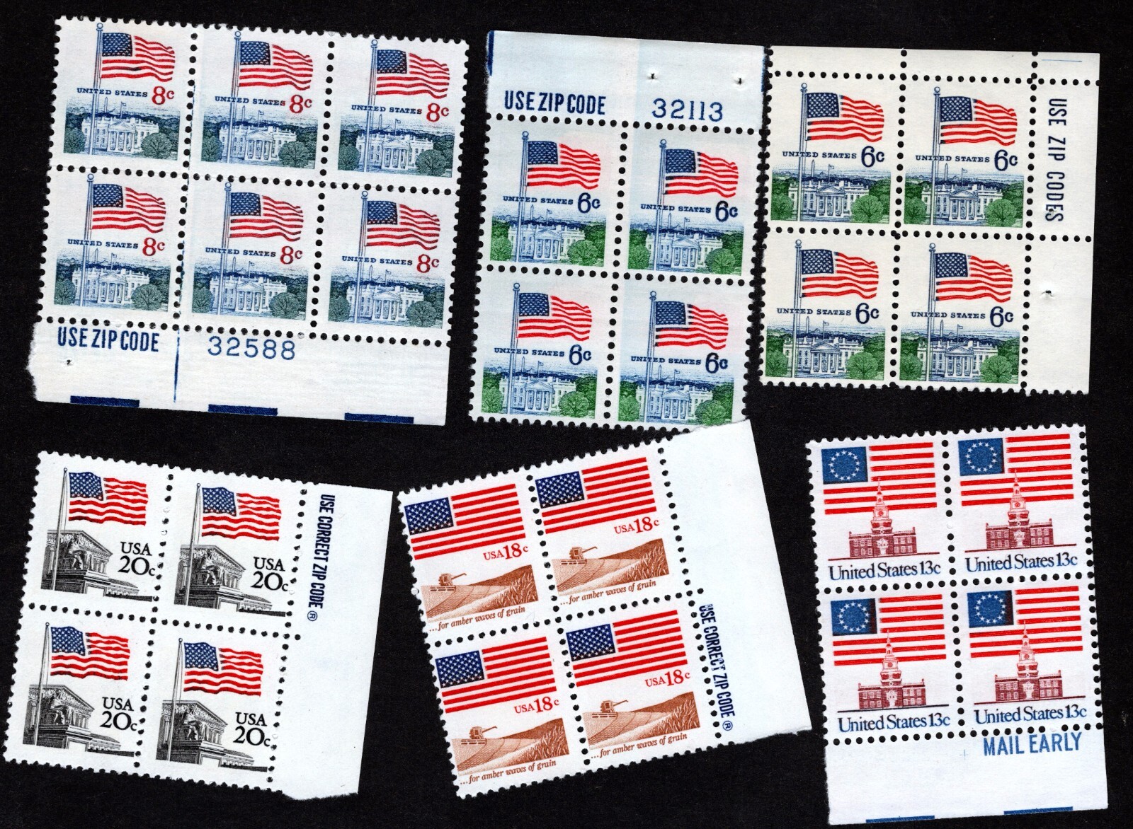 1968 – 1981 Choose from FLAG Regular Issue Zip, Mail Early & USPS Blocks! MNH