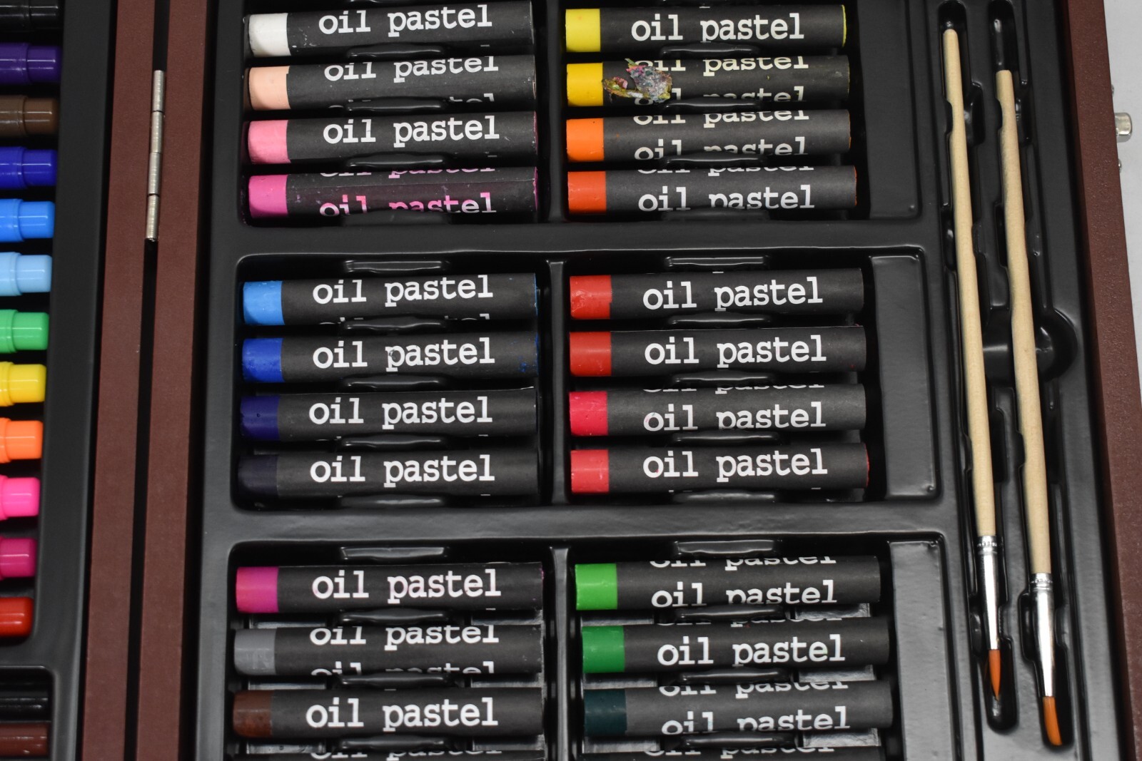 Personalized Faux Wood Case 80 Piece Art Set w Branded Name Walnut Storage