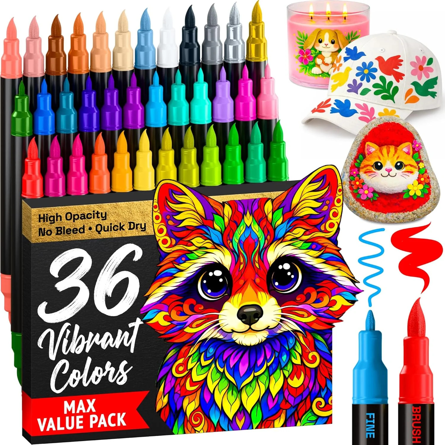 36 Acrylic Paint Markers – Paint Pens for Drawing – For Fabric, Rock, G