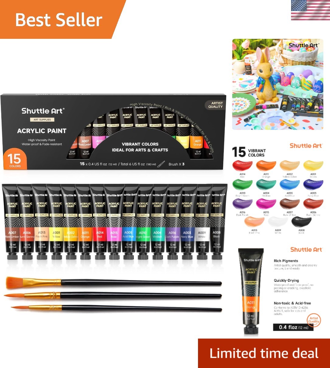 Professional Quality 15-Color Acrylic Paint Set – Water Resistant and Durable