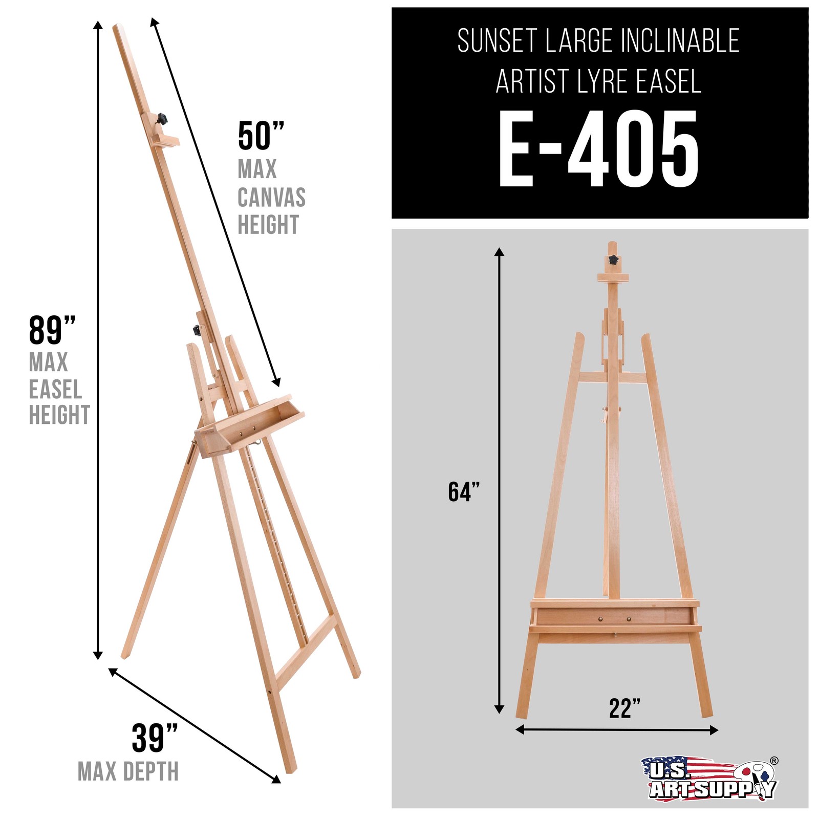 64″ to 89″ Lyre Style Studio A-Frame Inclinable Easel, Artist Art Storage Tray