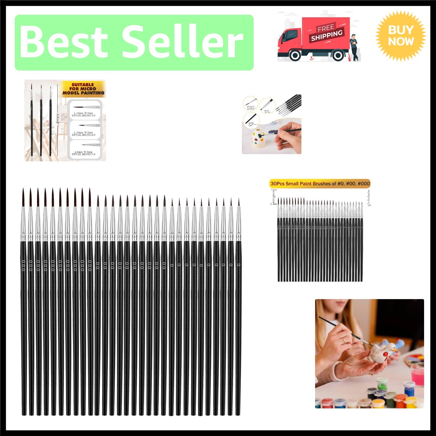 30Pcs Detail Paint Brushes, Fine Tip Paint Brush with 3 Sizes #0#00#000 Mini