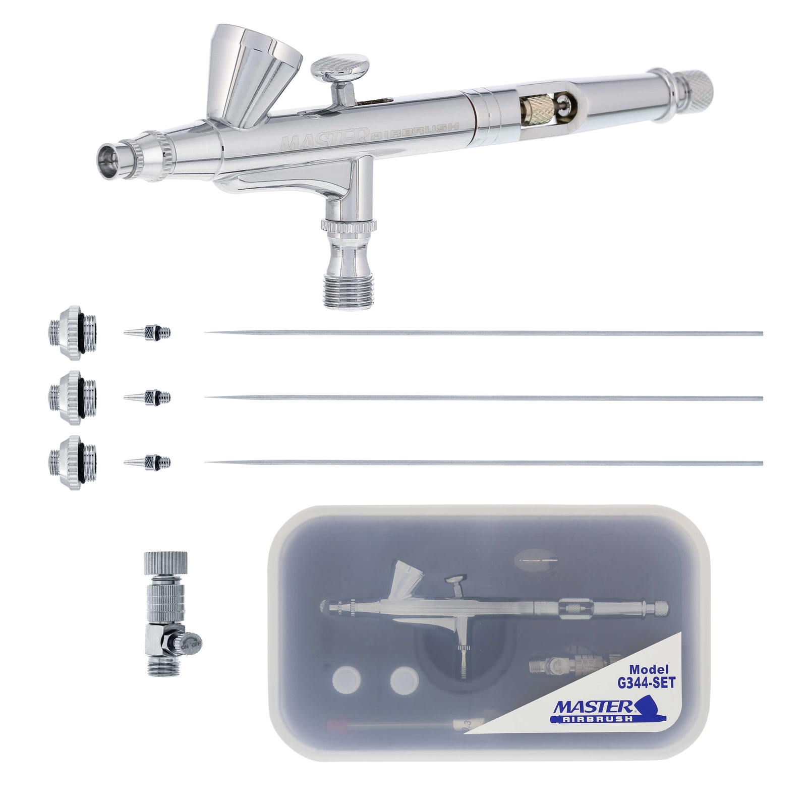 Master G344 Airbrush 3 Nozzle Sets 0.2, 0.3, 0.5mm Needles, Fluid Tips, Air Caps