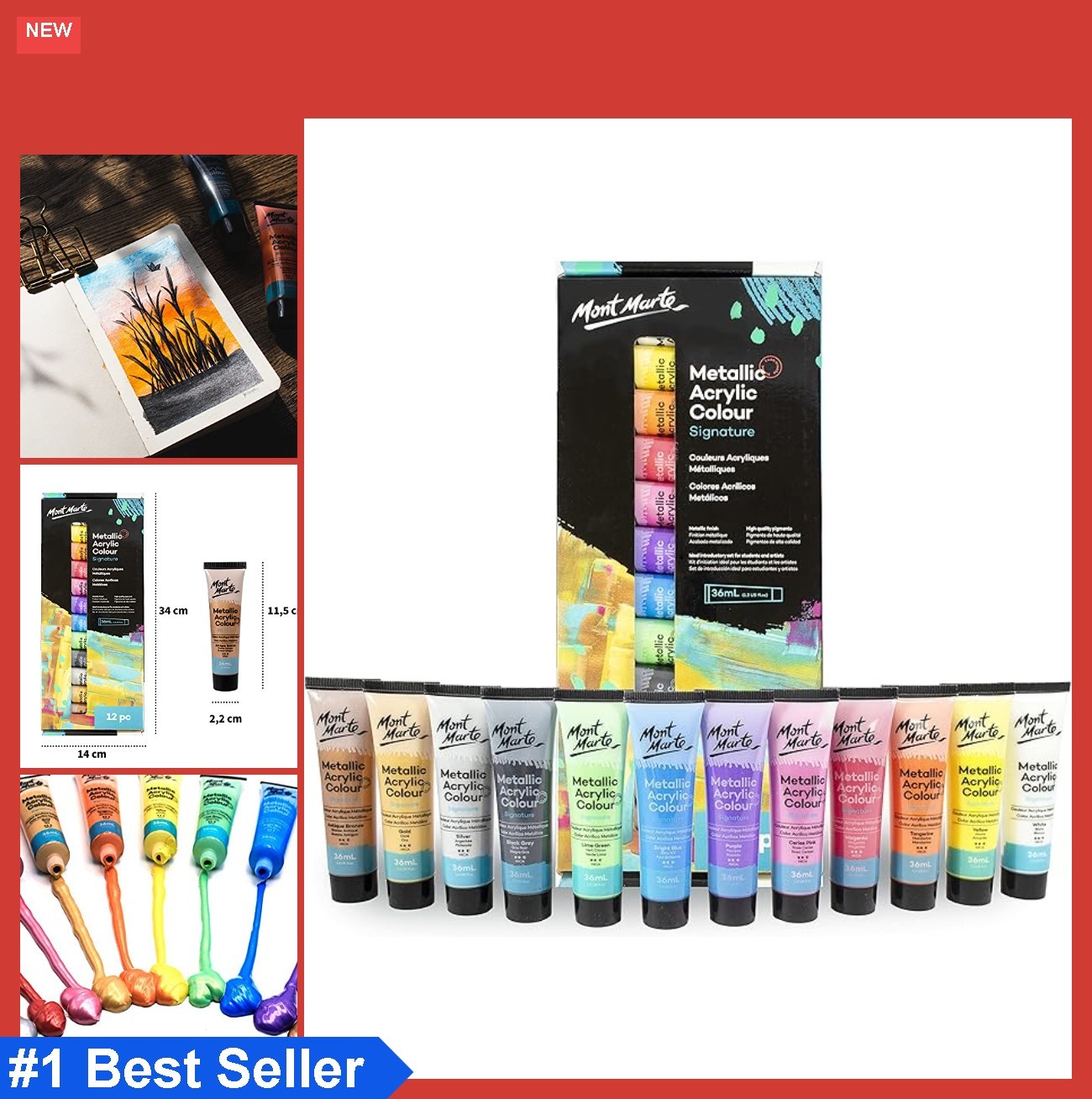Metallic Acrylic Paint Set 12 Colors 36ml Tubes for Canvas Paper Wood Craft