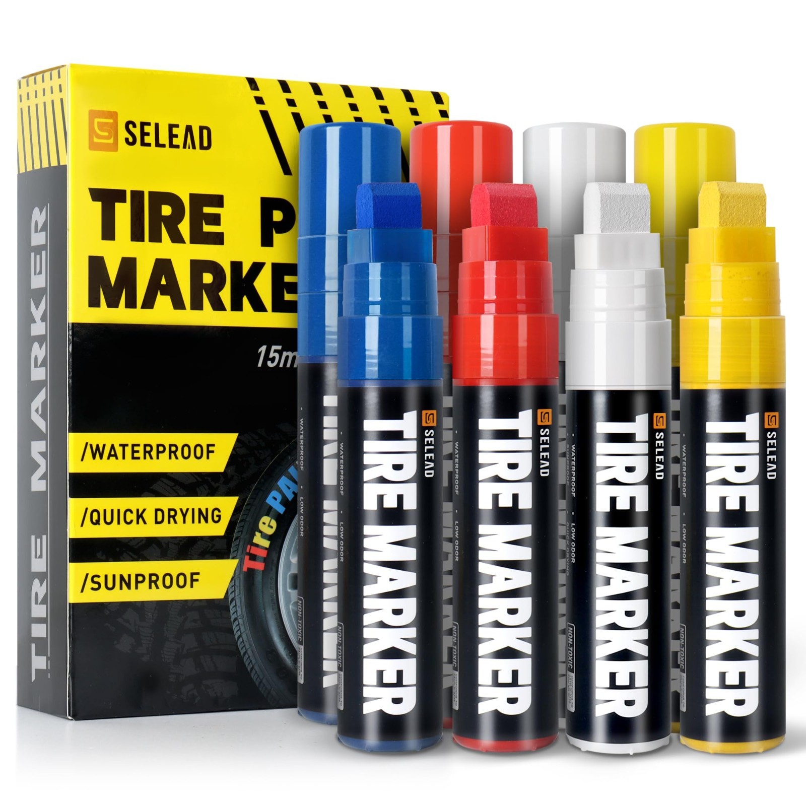 Tire Marker Paint Pens 8Pc White Red Yellow Blue 3-15mm Tip Waterproof Jumbo