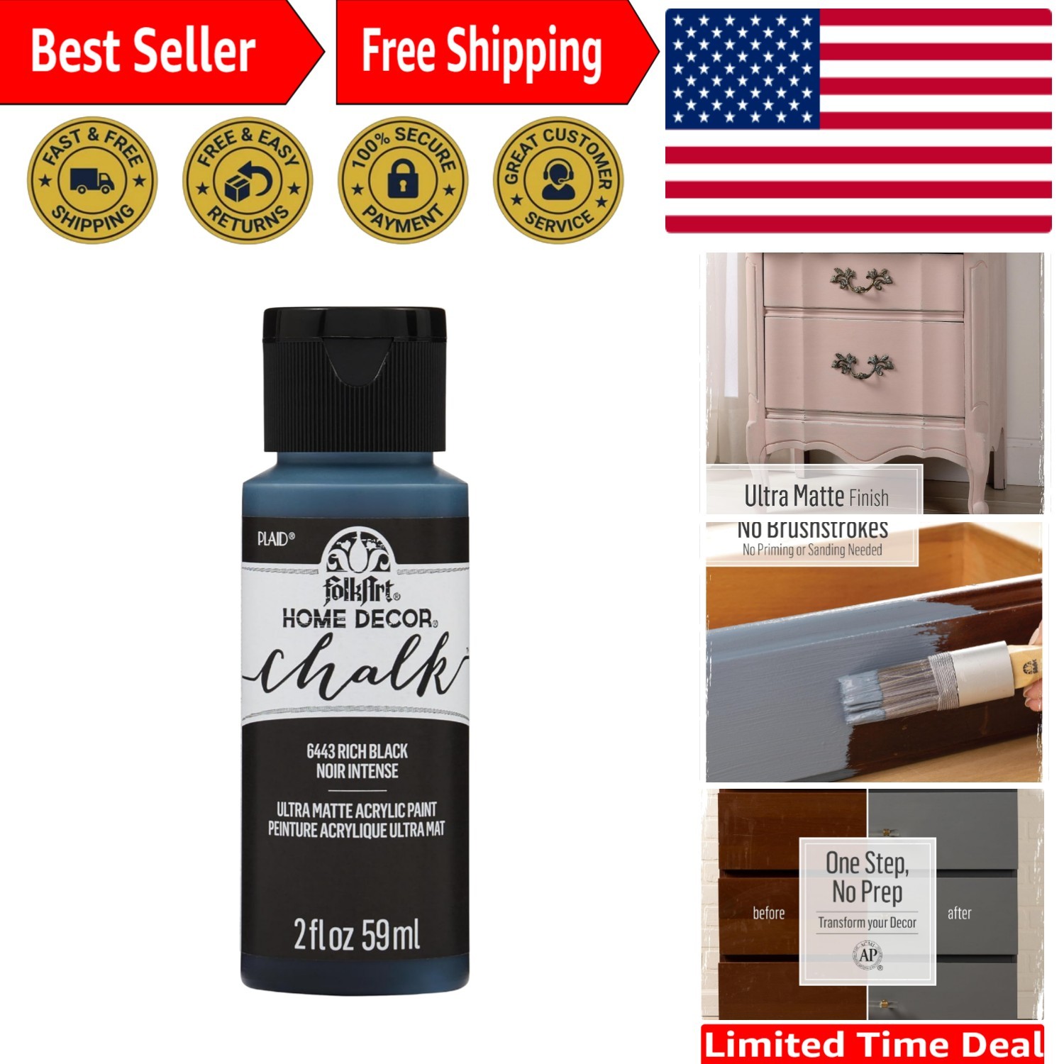 2 oz Ultra-Matte Acrylic Chalk Paint in Rich Black for Beautiful Home Décor