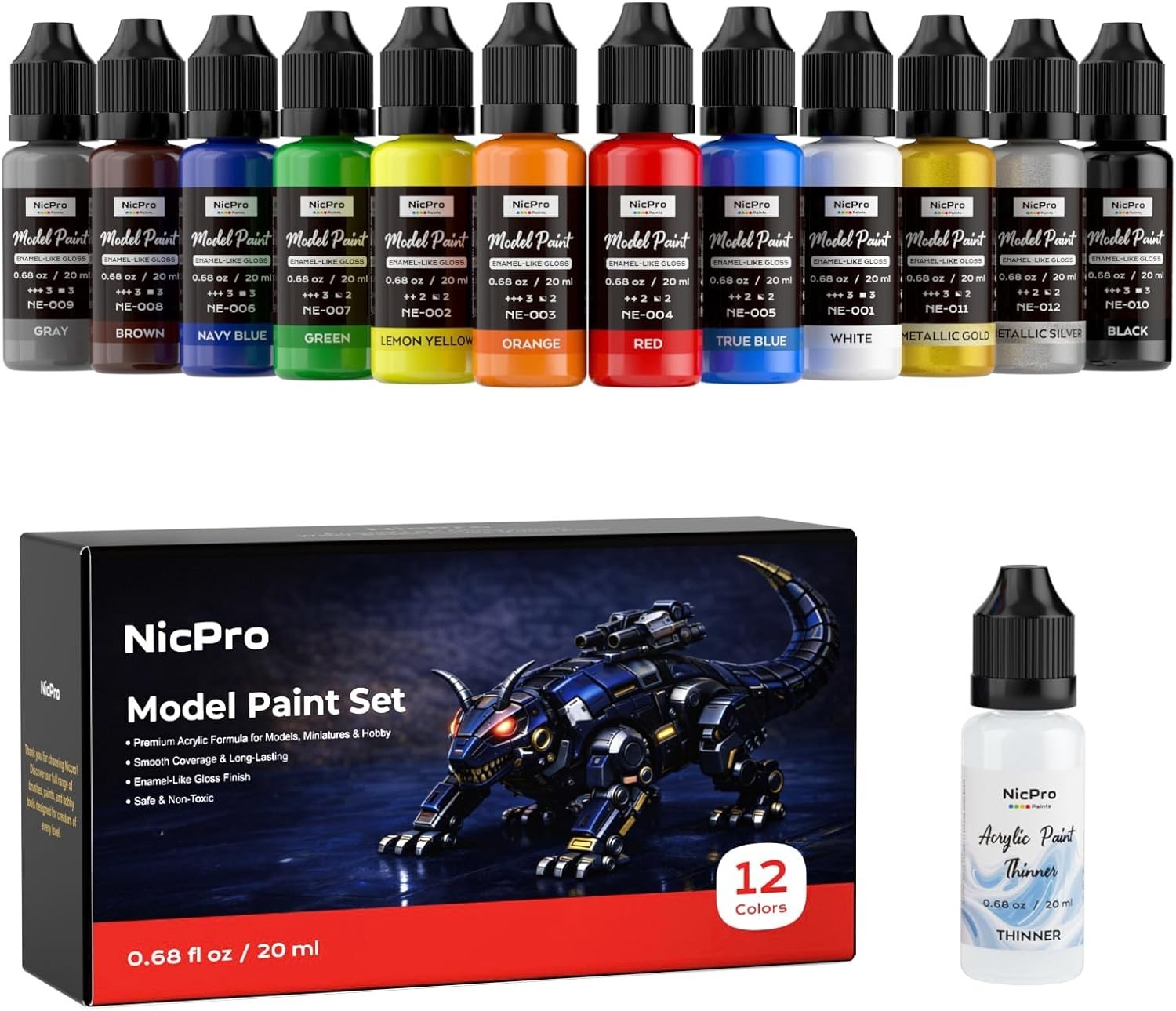 Nicpro 12-Color Gloss Acrylic Model Paint Set 20ml W/ Thinner Brush Airbrush