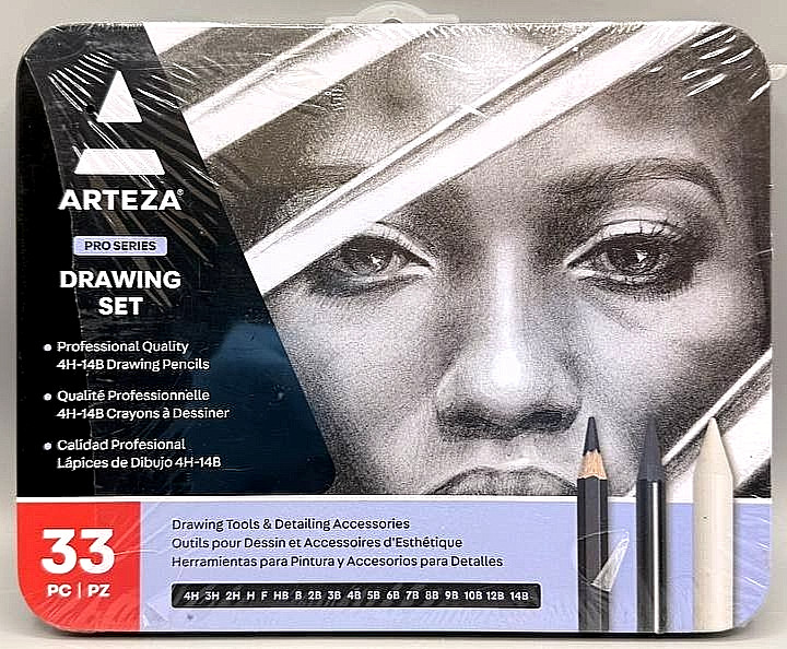 Arteza Pro Series 33pc Drawing Set Graphite & Charcoal Pencils Metal Tin