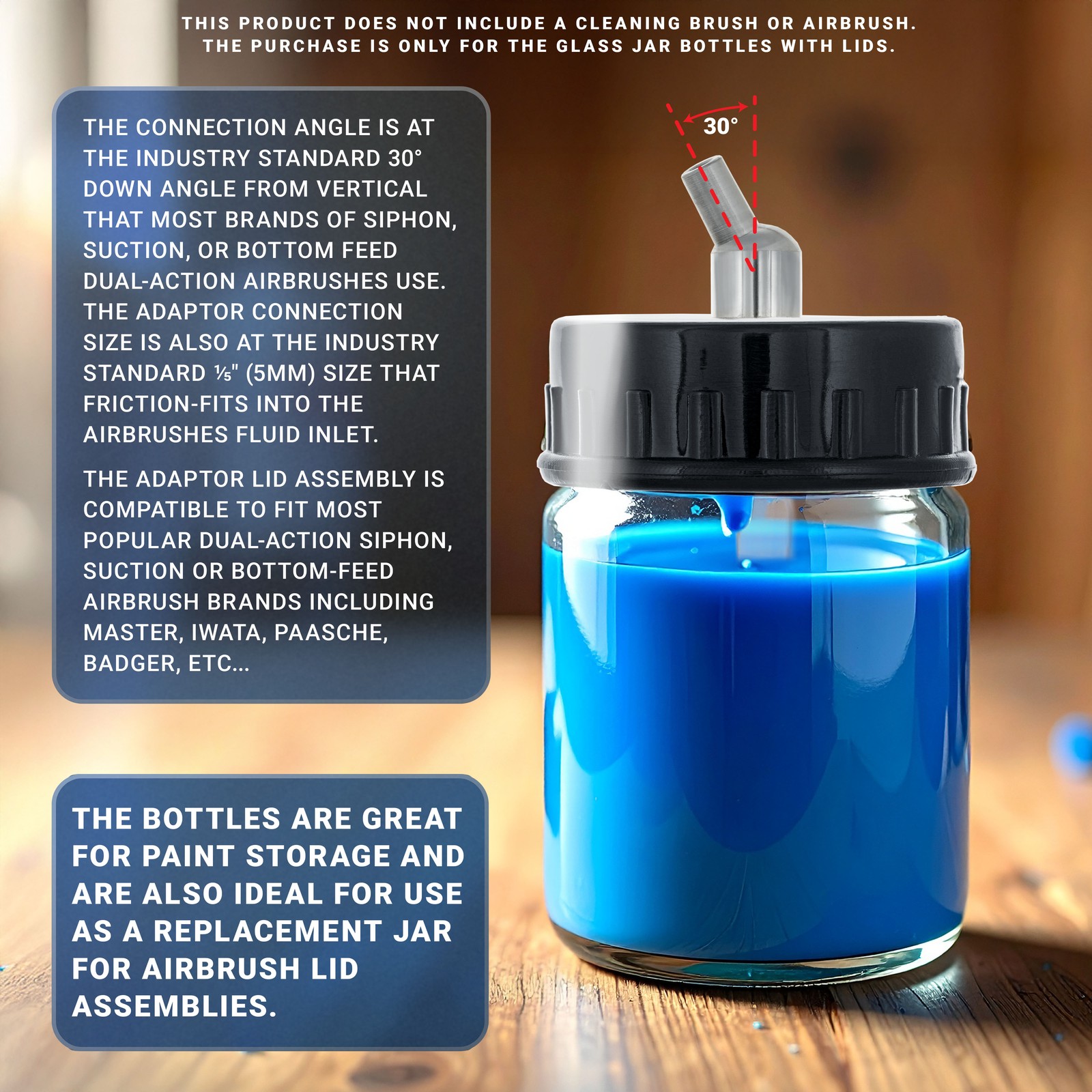 10pk Airbrush 3/4oz Glass Jar Bottles 30° Angle Adaptor Lid Assembly Dual-Action