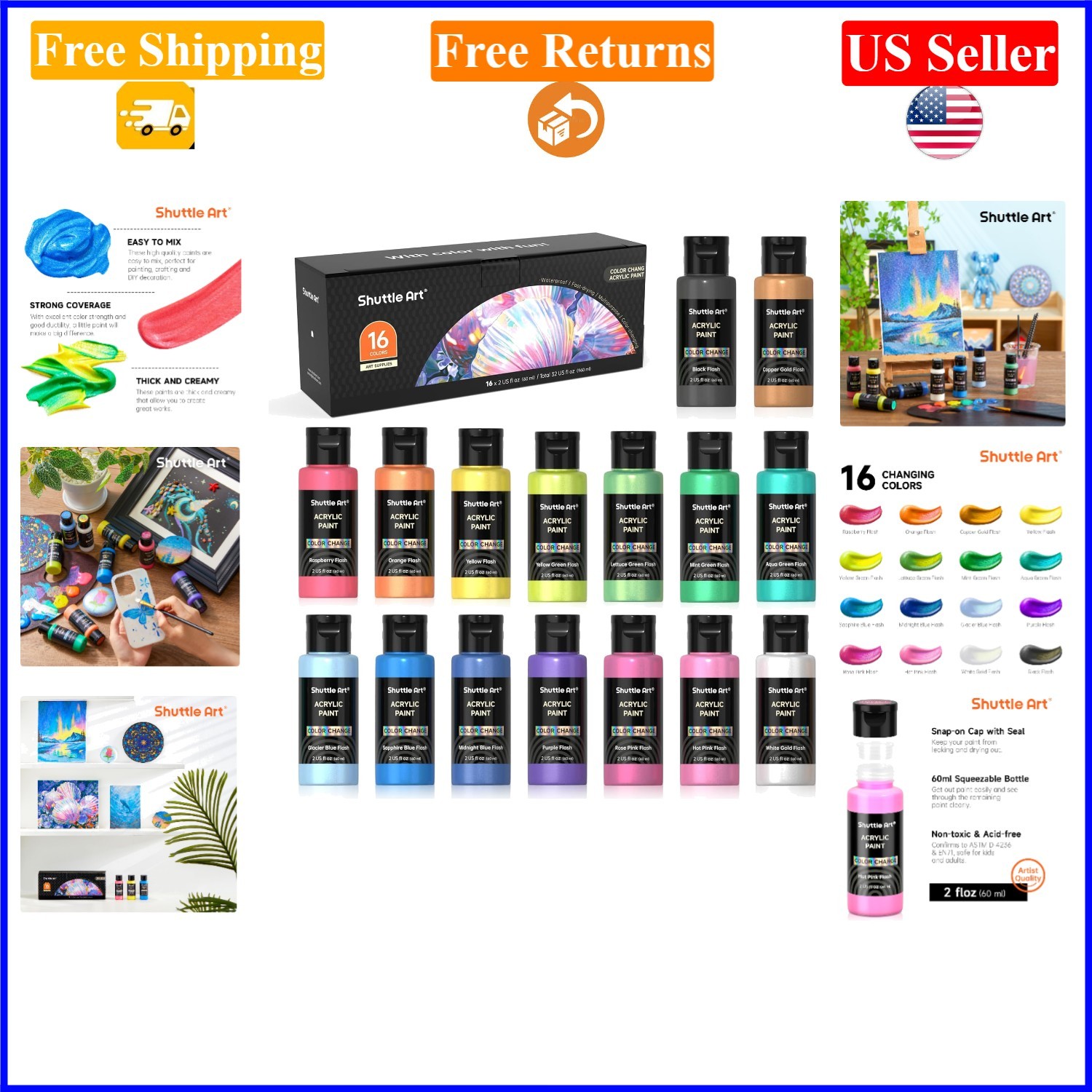Color Change Acrylic Paint Set, 16 Chameleon Iridescent Colors, 60ml, Non-Toxic