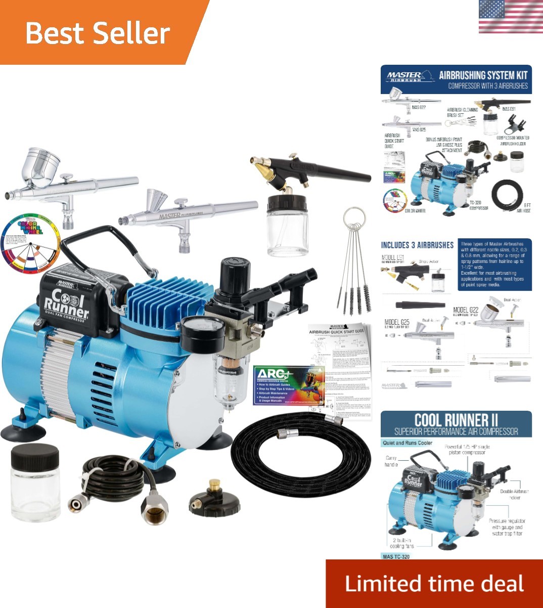 Cool Runner II Airbrush Kit with Dual Fan Air Compressor, 3 Airbrushes, Clean…
