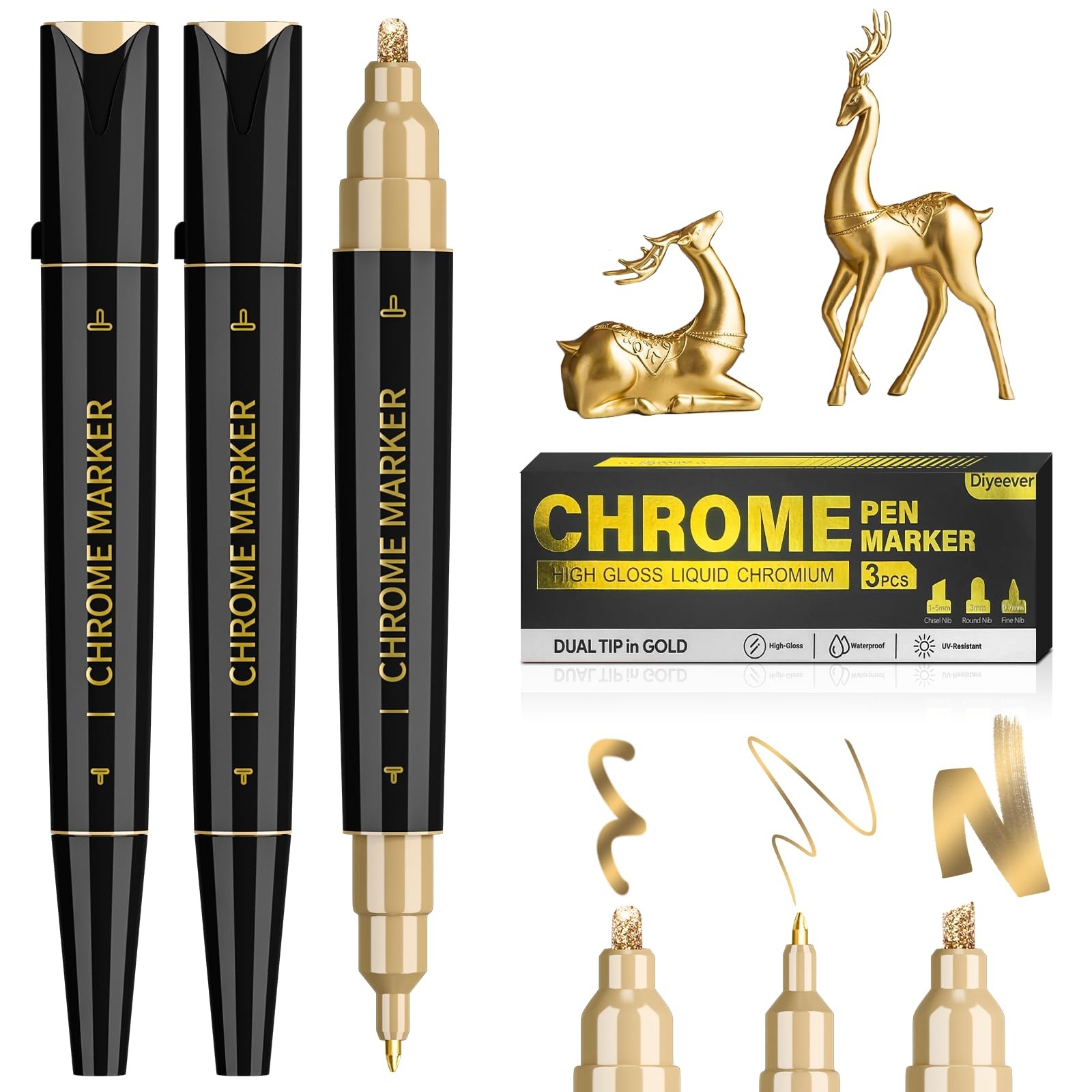3 Pack Dual Tip Liquid Gold Chrome Markers, Permanent Shiny Gold Marker Pen f…