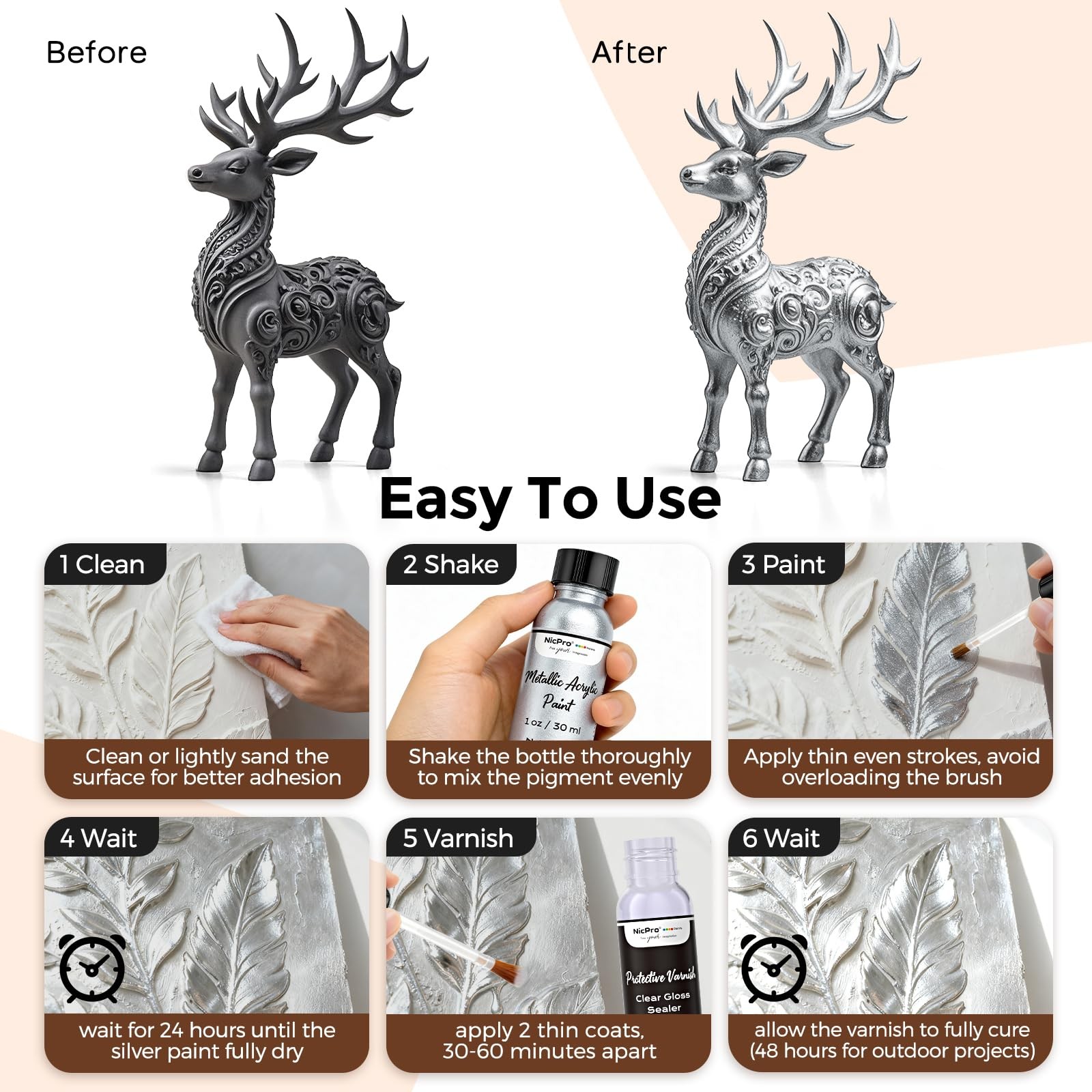 Liquid Silver Leaf Paint Kit (2 × 1oz/30ml), Metallic Silver Acrylic Paint