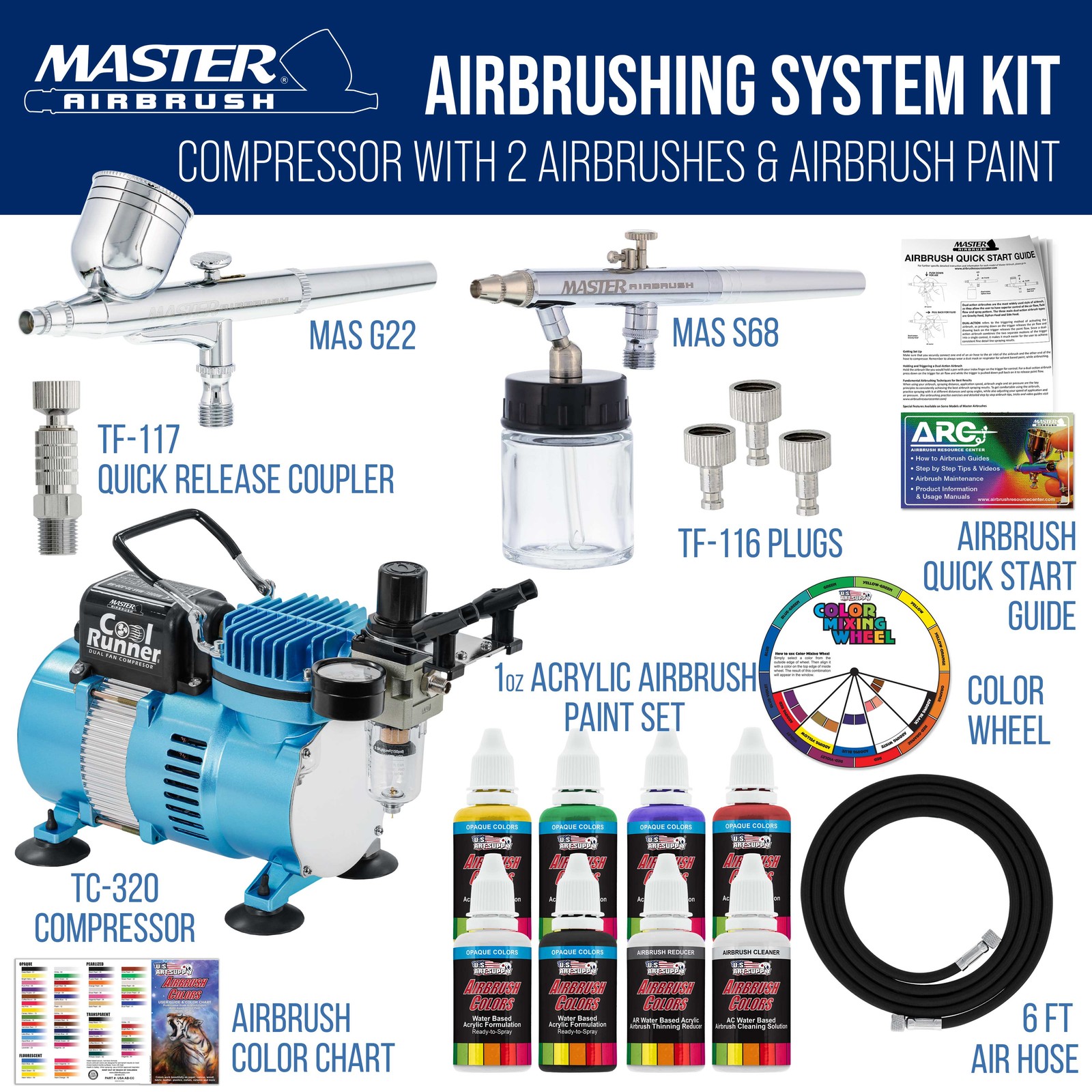 Master Airbrush Compressor Kit with 2 Airbrushes, 6 Acrylic Paint Colors Art Set