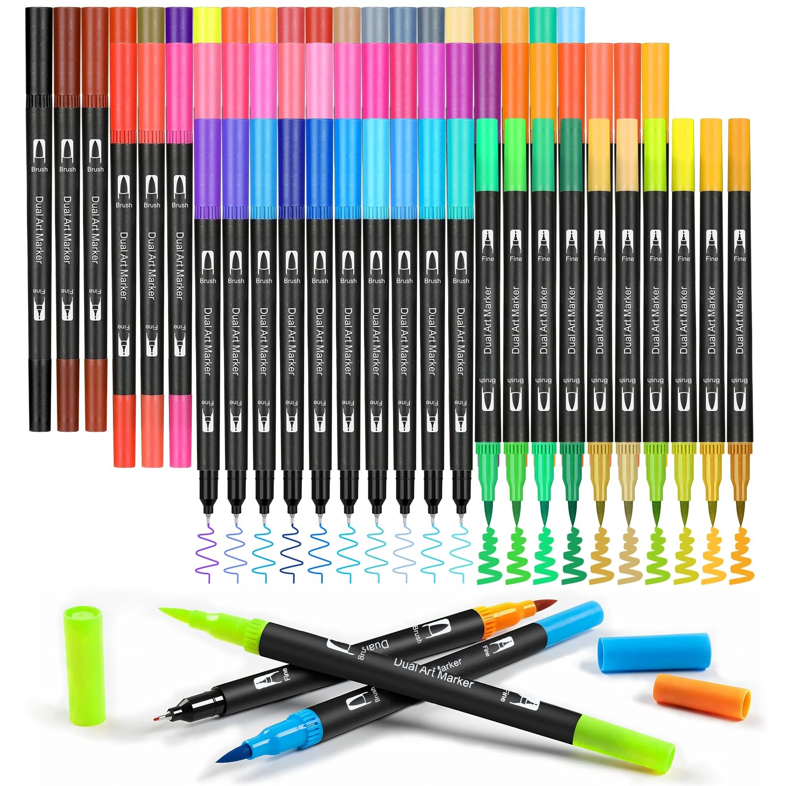 K.CINE 60 Colors Dual Brush Marker Pens, 60 Count (Pack of 1), Black