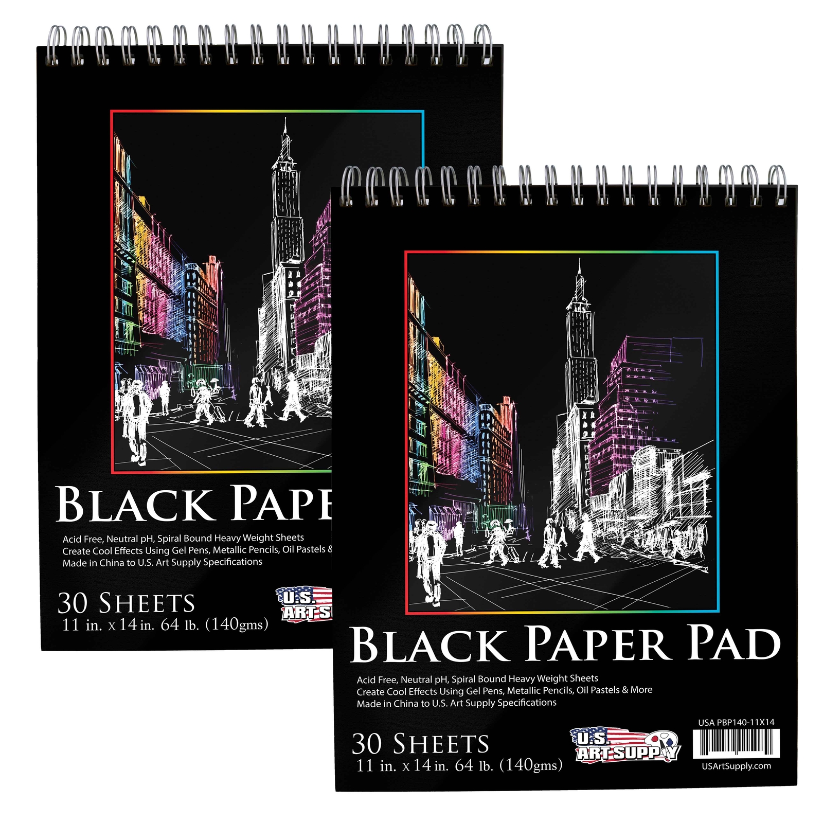 11×14 Black Heavyweight Paper Spiral Bound Sketch Pad,140gsm,30 Sheets (2 Pads)