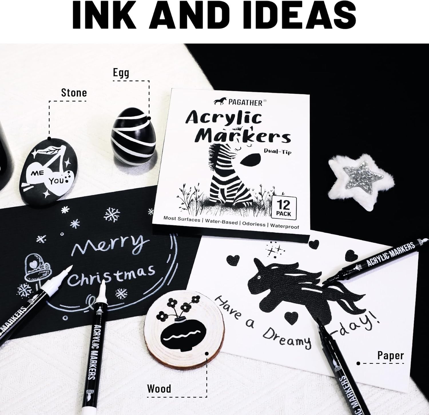 Black and White Acrylic Paint Markers, 12 Pack Dual Tip with Fine Tip and Bru…