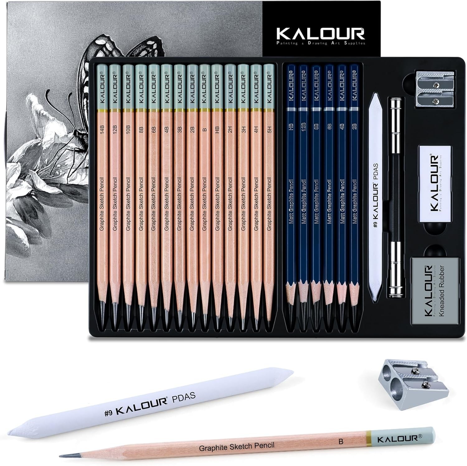 25 Piece Professional Sketch Pencil Set with Matte and Regular Pencils Includes