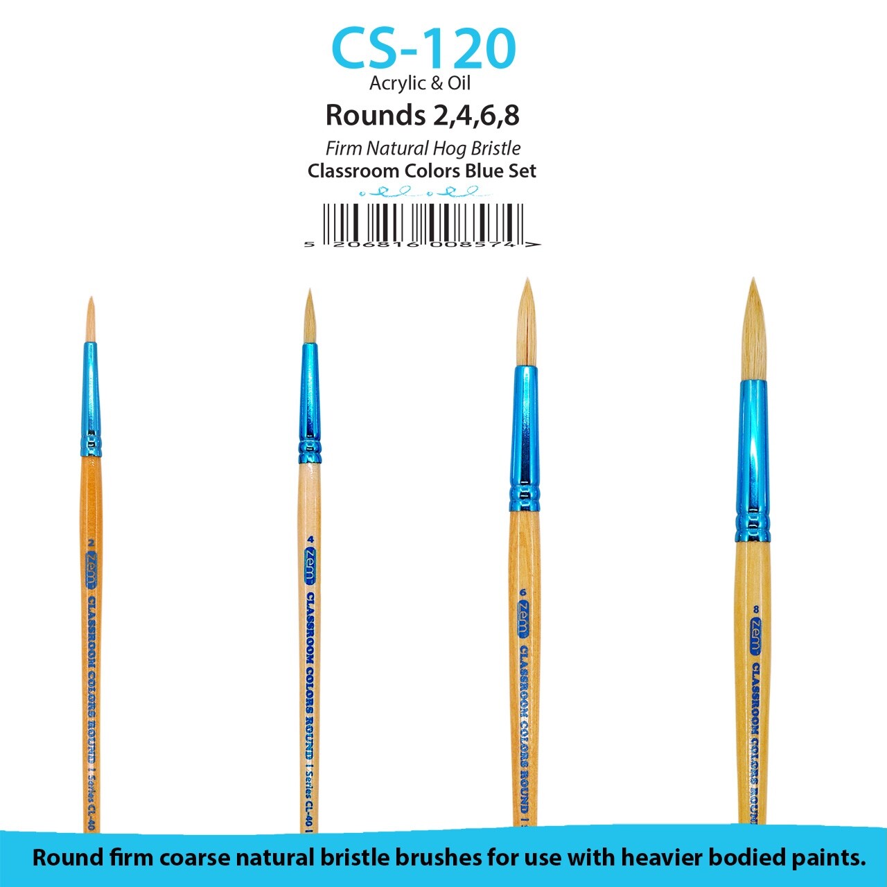ZEM Classroom Colors Natural Hog Bristle Firm Artist Brush Sets 6 Types