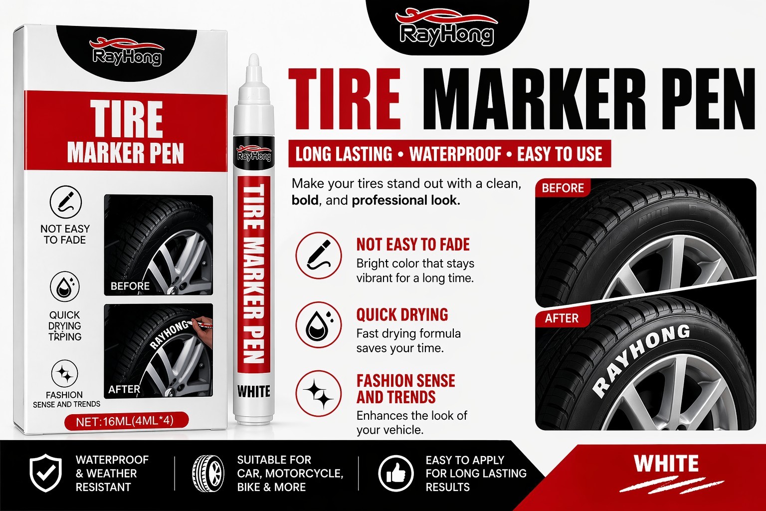 Tire Letters Waterproof Permanent Paint Marker Pen Car Tires Rubber Metal 4 Pack