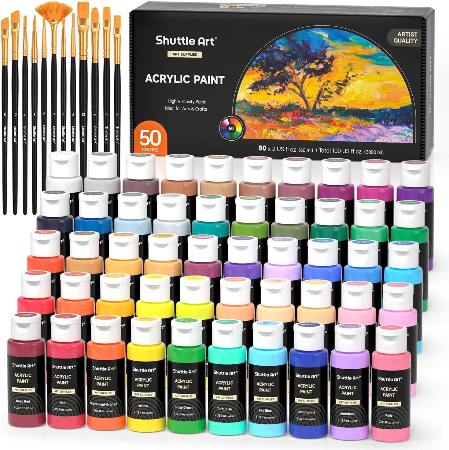 50 Color Acrylic Paint Set 2oz Bottles for Canvas Crafts DIY Painting Non-Toxic