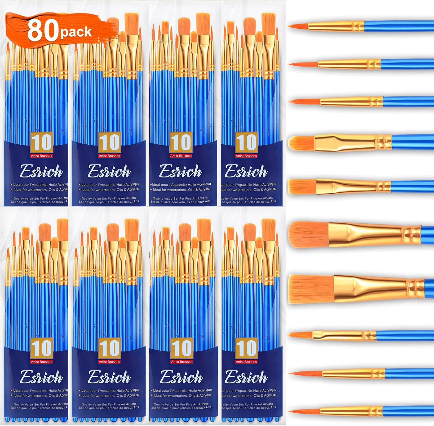 Acrylic Paint Brushes Set,8Packs /80 Pcs Nylon Paintbrushes Head, Suitable for A