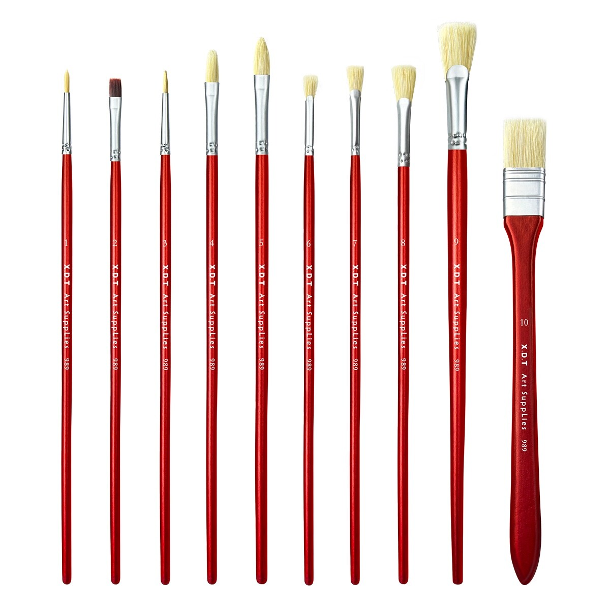 XDT#989-2 Assorted Art Brush Set 10Pc X-Long Handle Acrylic Oil Watercolor