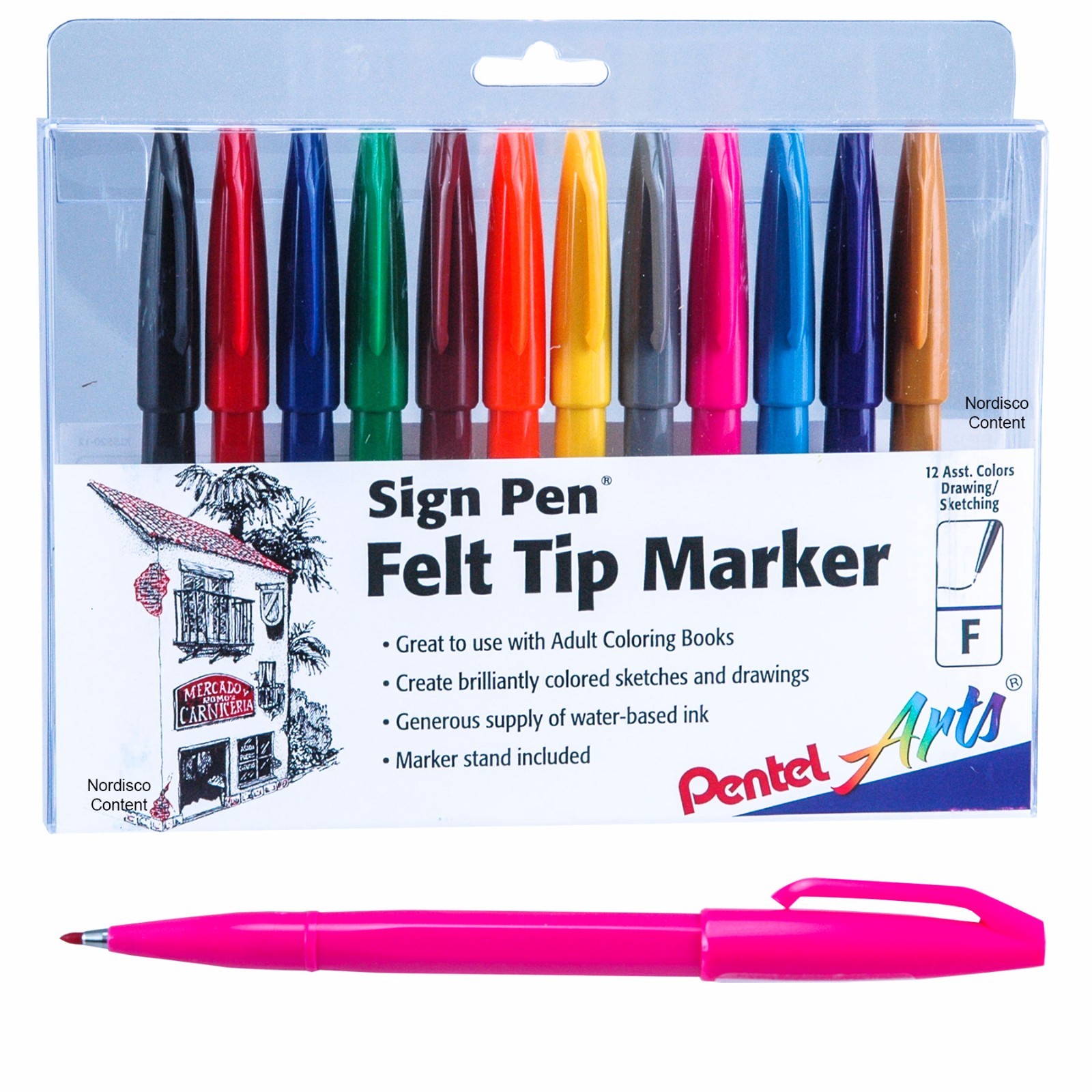Pentel Sign Pen Felt Tip Markers S520-12, 12 Color Set, Fine Point