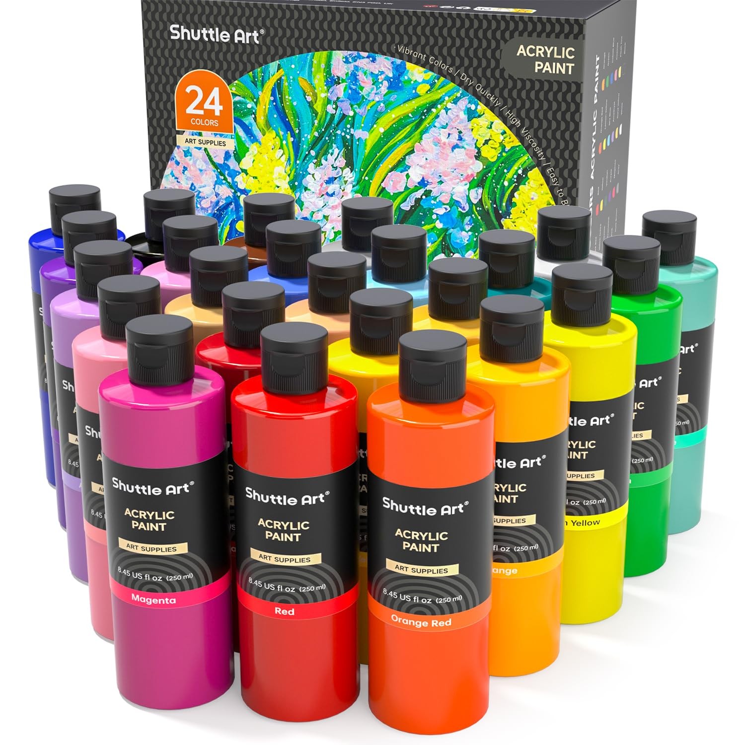Shuttle Art Acrylic Paint, 24 Colors Acrylic Paint Bottle Set, 250ml/8.45oz