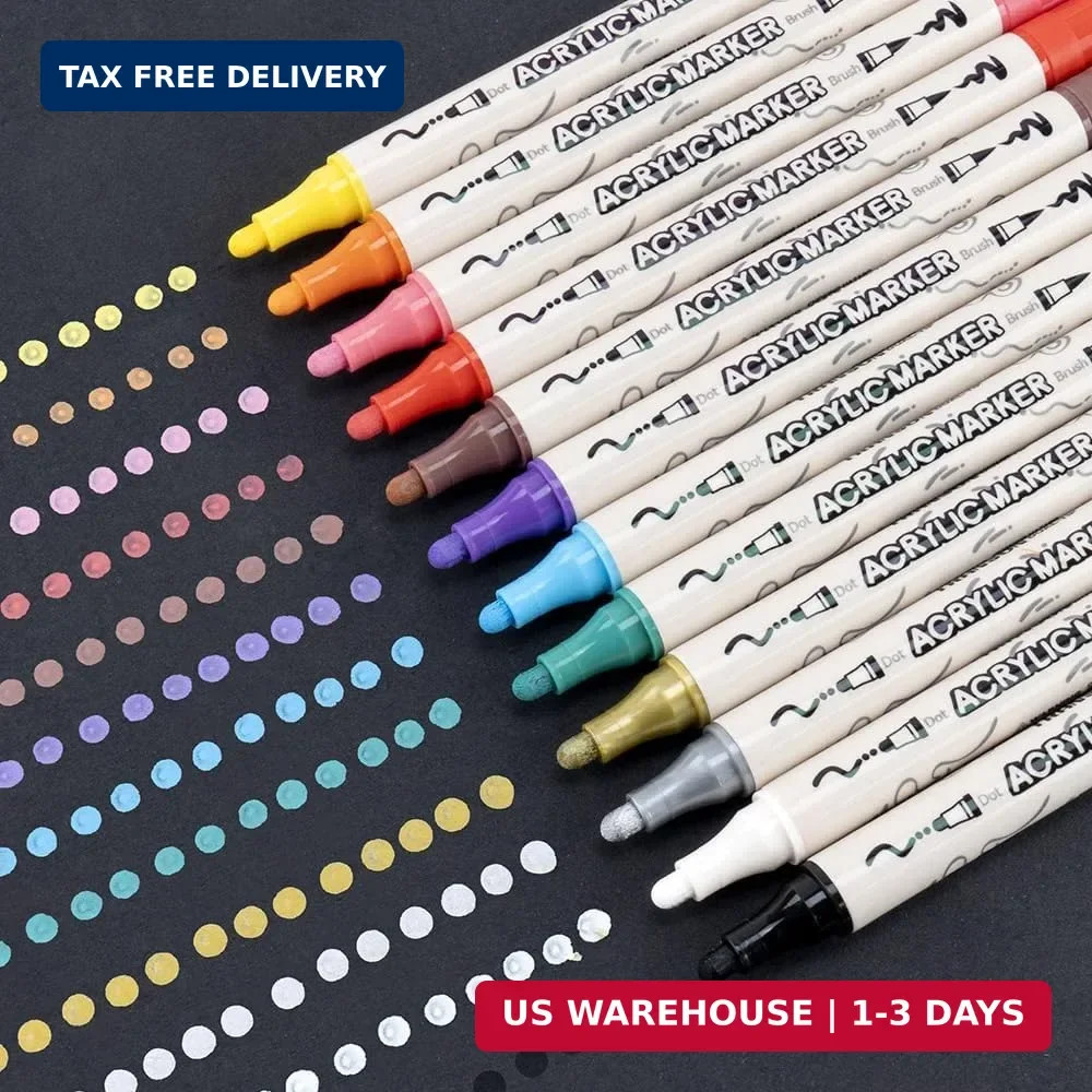 TRANSON 24 Colors Bold and Brush Dual-tip Acrylic Paint Marker Pen for Canvas Ro