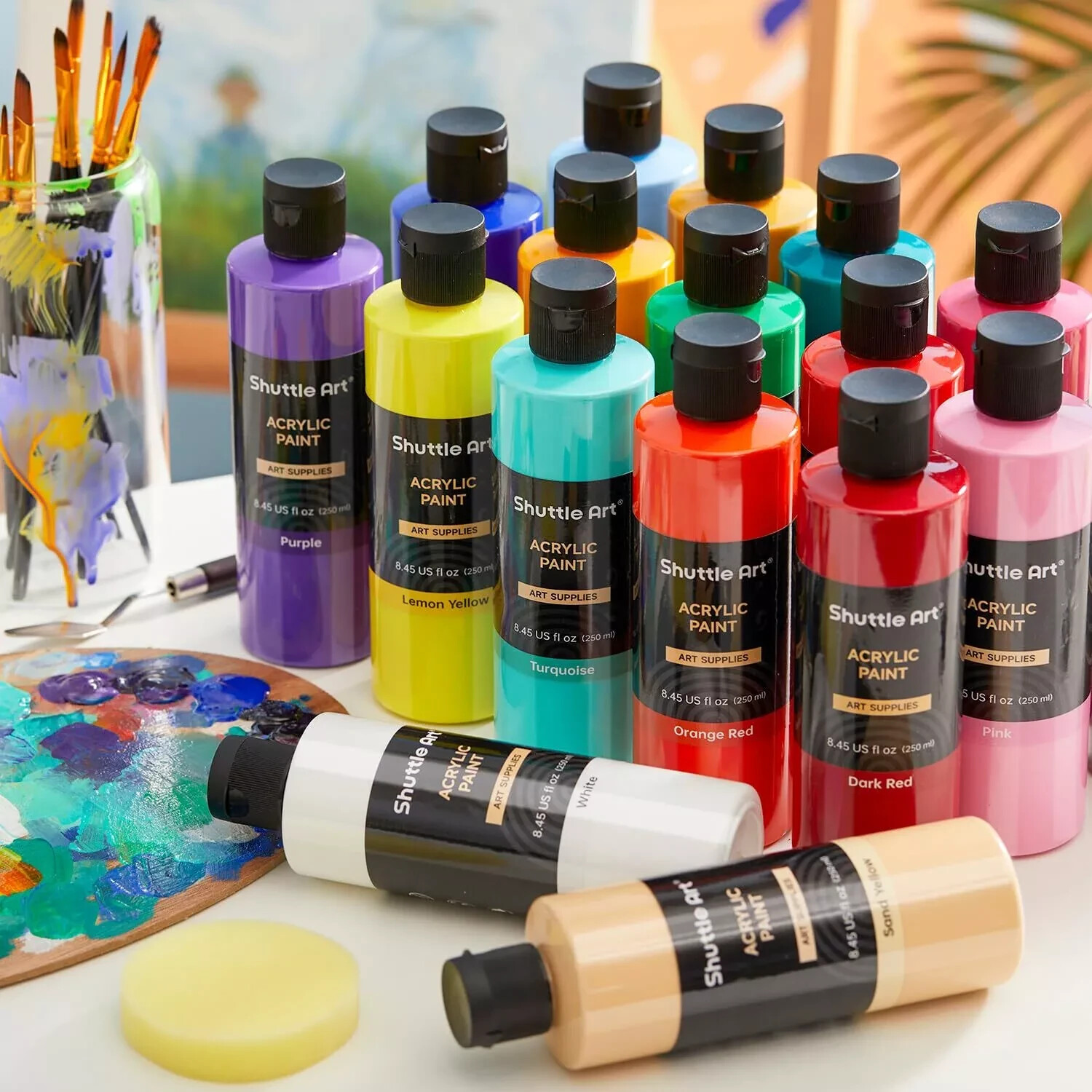 Shuttle Art 18 Colors Acrylic Paint Bottle Set 250ml/8.45oz Rich Pigmented Bu…