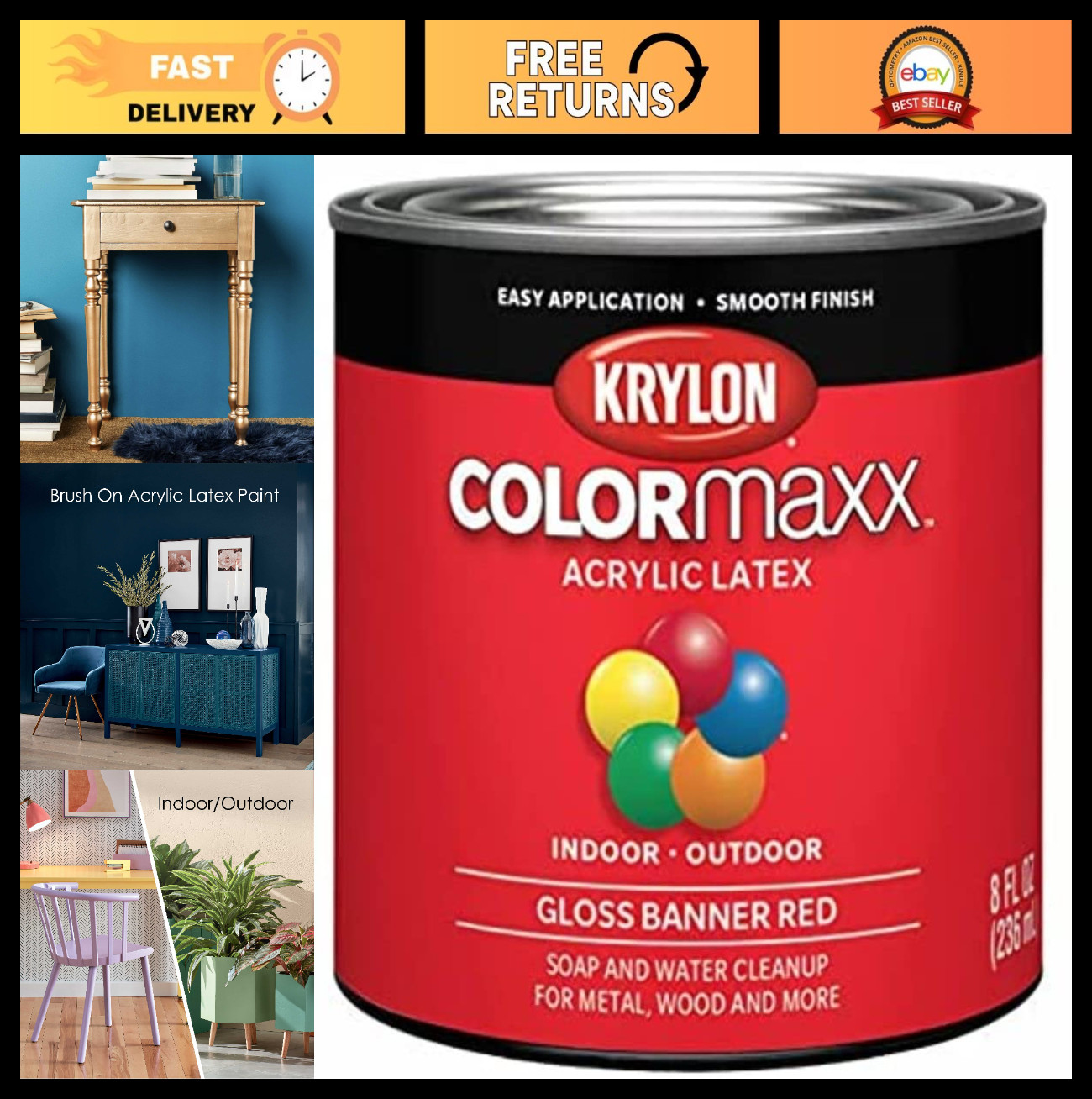 Acrylic Latex Brush-On Paint, Indoor/Outdoor Use, Gloss Banner Red, ½ Pint