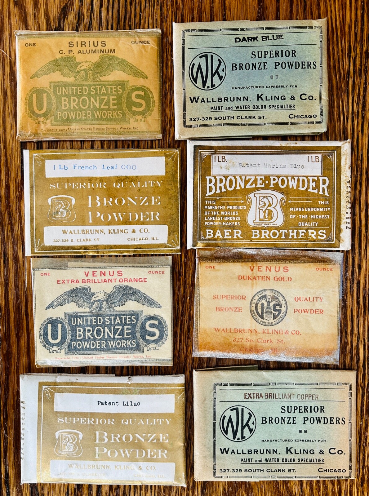 8 ONE OUNCE RARE ANTIQUE 1930s DIFFERENT COLORS OF METAL LEAFING GILDING POWDER