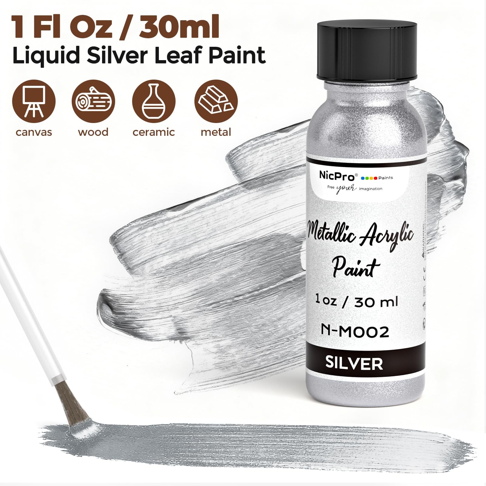 Liquid Silver Leaf Paint Kit (2 × 1oz/30ml), Metallic Silver Acrylic Paint