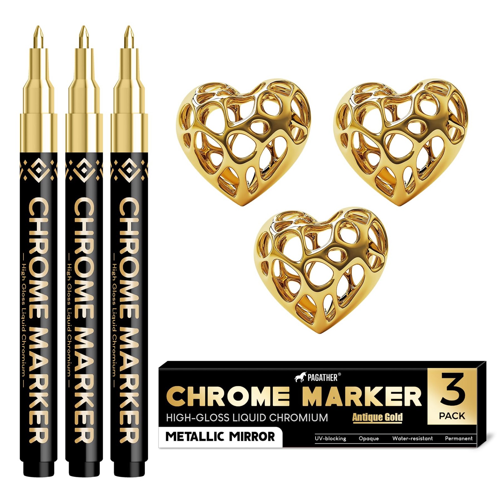 3Pcs Chrome Paint Markers, Gold Color Permanent Mirror Liquid Chrome Pens for…