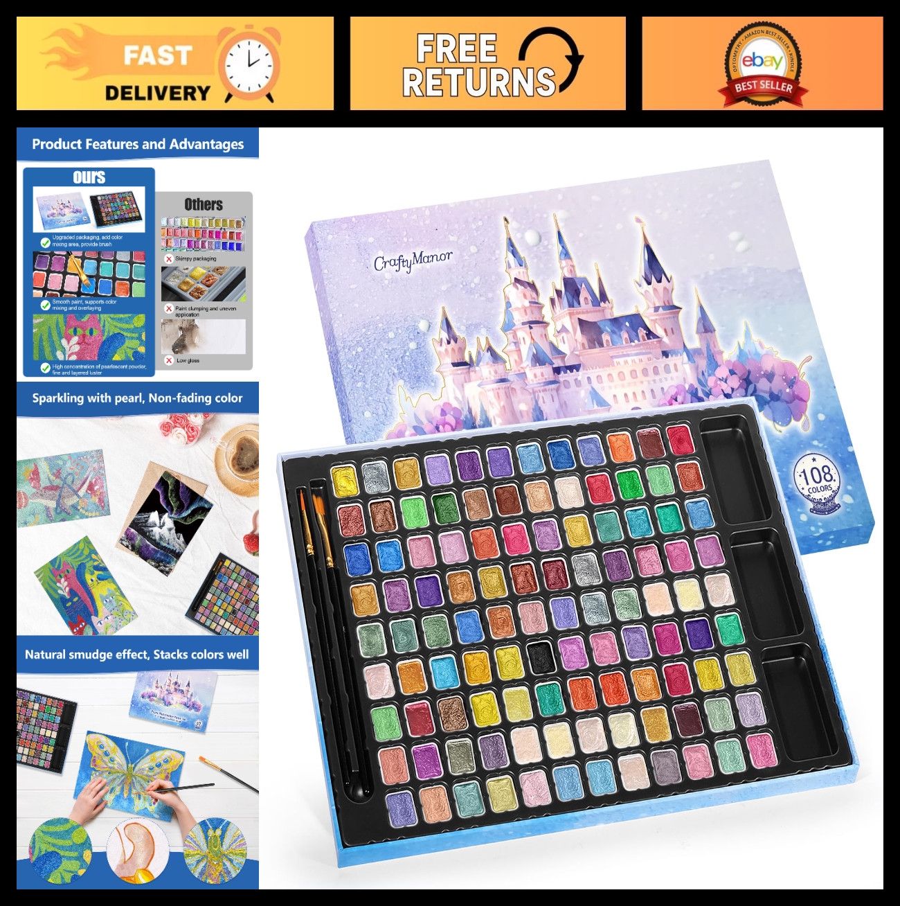 108 Colors Mini Glitter Watercolor Paint Set – Shimmer Metallic & Pearl Paints,