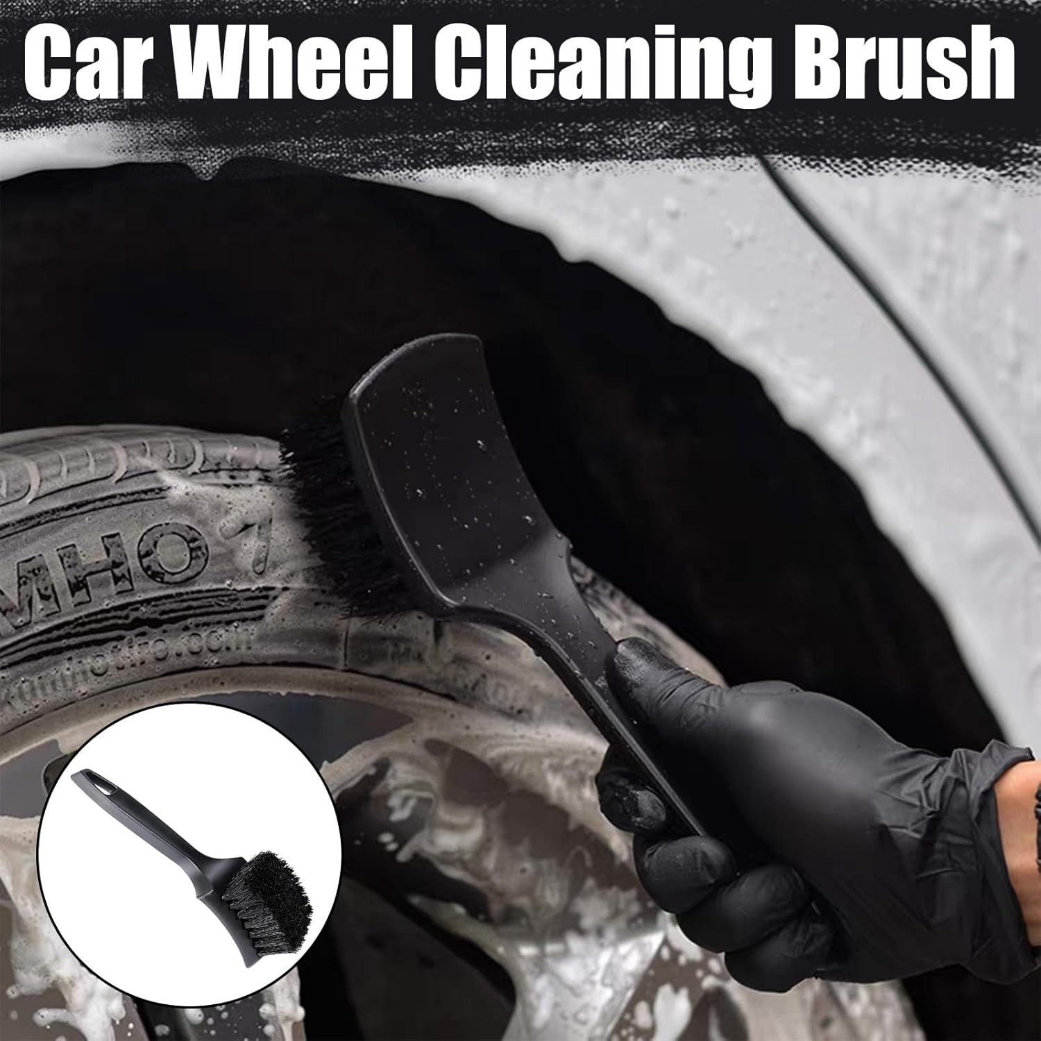 Car Wheel Brush, Stiff Bristle Short Handle Scrub Tire & Wheel Rim Brush, Black