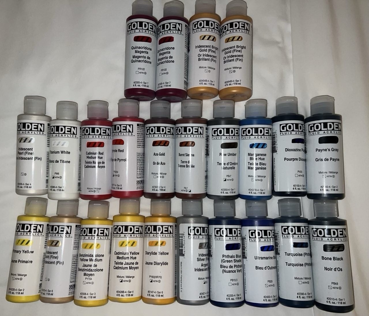 LOT OF 24 – GOLDEN Fluid Acrylics Paint – 4oz Bottles – FRESH! Eb31