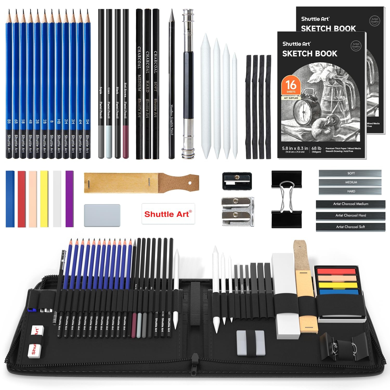 52 Pack Professional Art Drawing Pencils Set with Graphite Charcoal Sticks