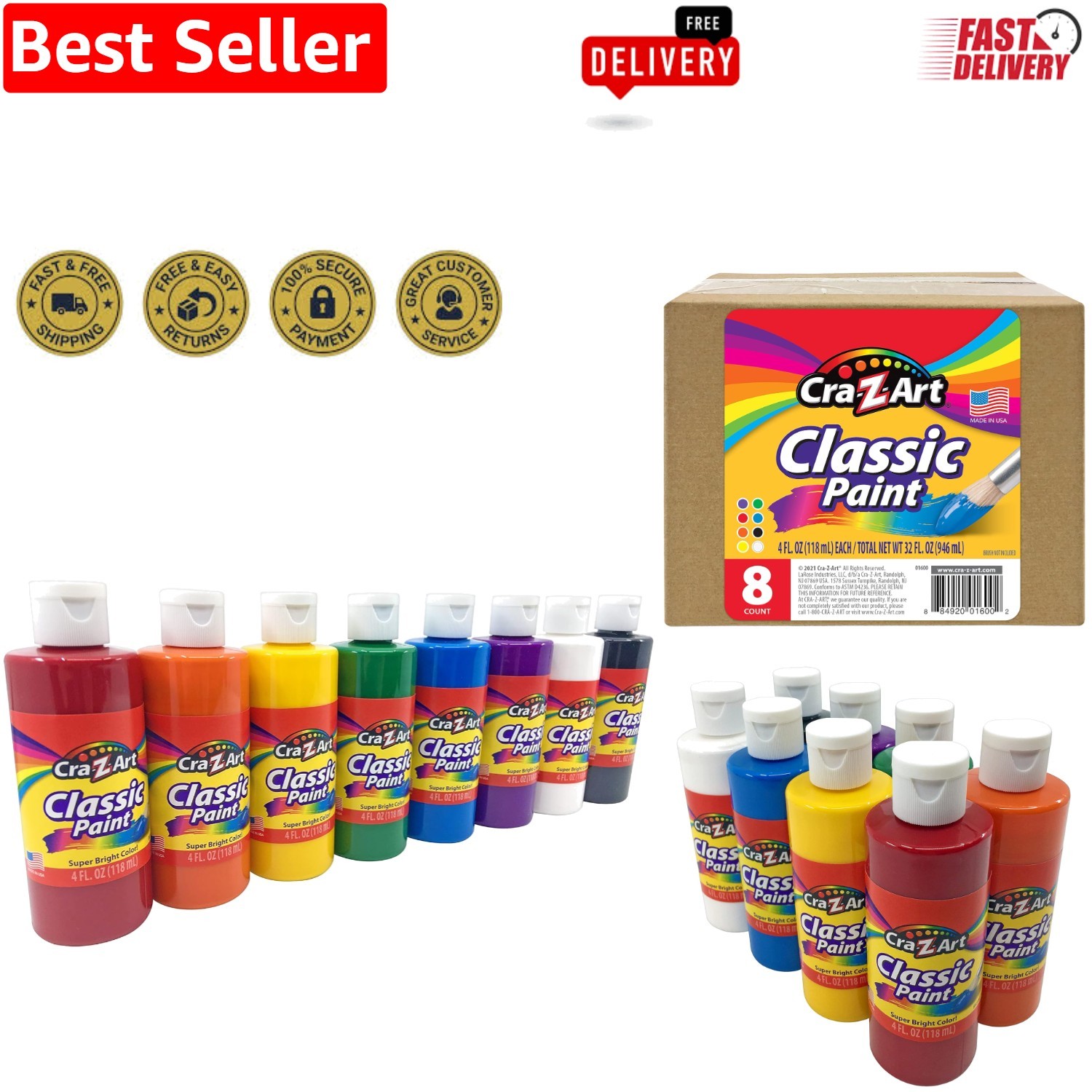 8ct Washable Classic Paint Set for Kids – Vibrant 4oz Bottles in Assorted Colors