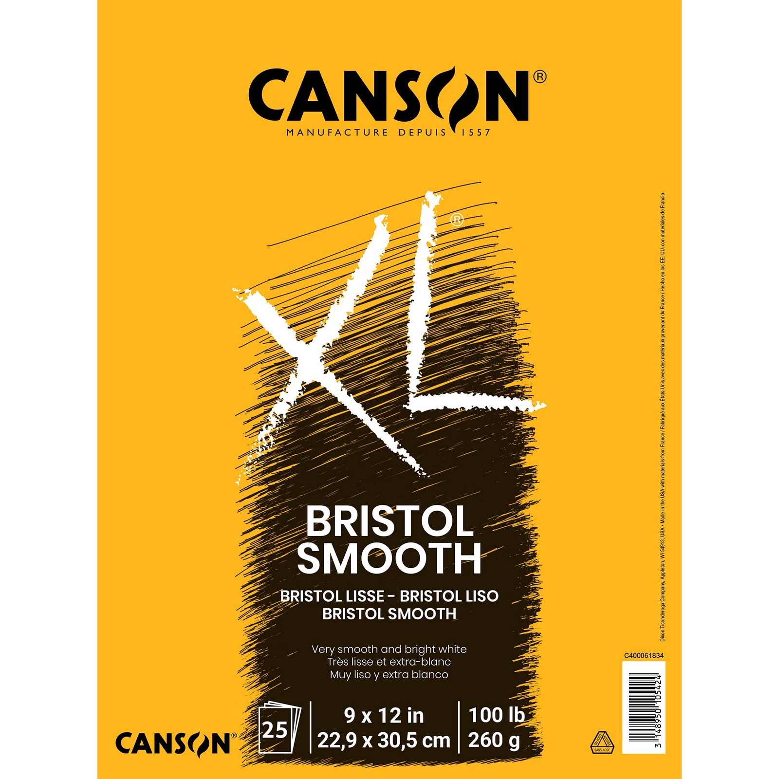Canson XL Series Bristol Paper, Smooth, Foldover Pad, 9×12 inches, 25 Sheets (10