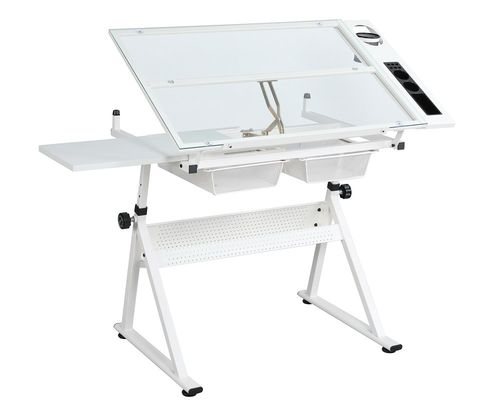 White Adjustable Tempered Glass Drafting Printing Table with Chair