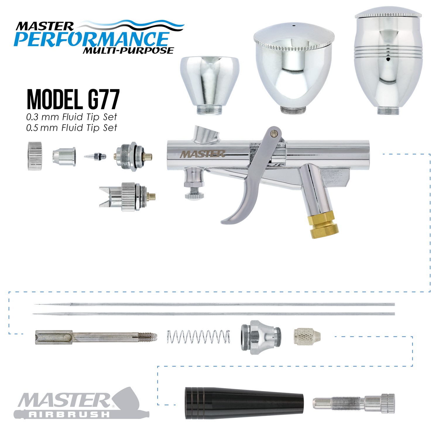 Master G77 Pistol Trigger Gravity Feed Airbrush, 2 Tips, Spray Gun Fan, 3 Cups
