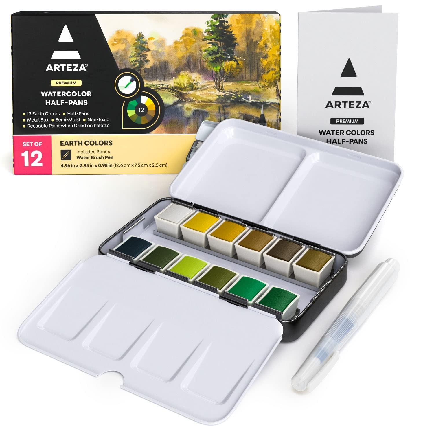 Watercolor Paint Set 12 Earth Tones Half Pans With Brush Semi Moist Colors
