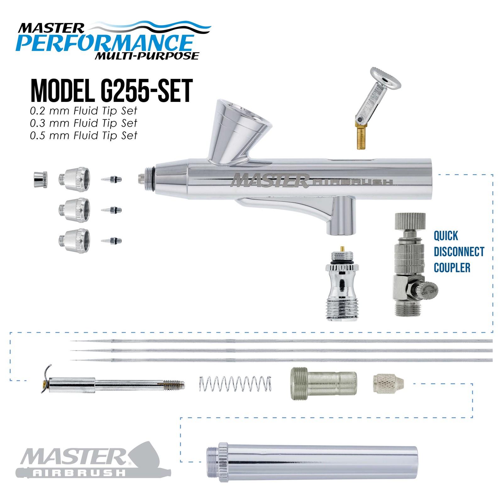 3 Tip MASTER G255 Dual-Action AIRBRUSH PRO SET KIT Auto Paint Nail Tattoo Hobby