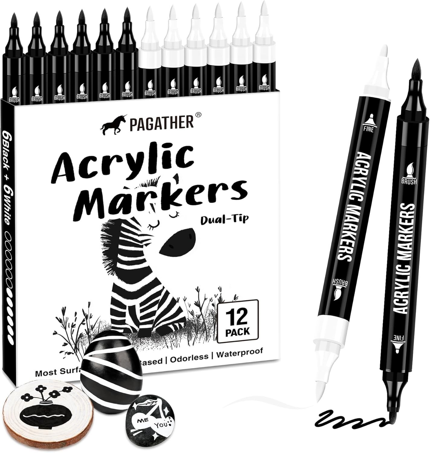 Black and White Acrylic Paint Markers, 12 Pack Dual Tip with Fine Tip and Bru…