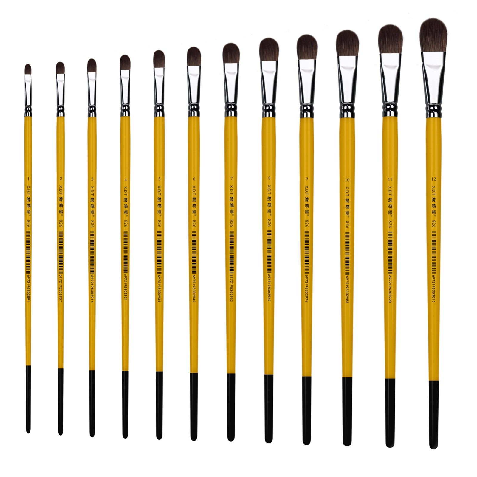 XDT#826 Filbert Art Brush Set 12Pc #1#2#3#4#5#6#7#8#9#10#11#12 Red Sable