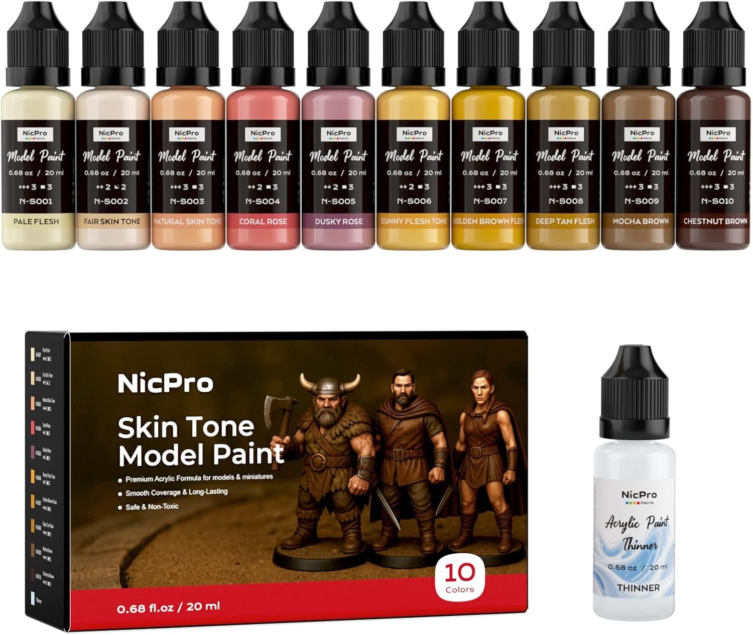 Nicpro 10 Colors Face & Skin Tones Model Paint Set, 20ml Ready to Use Modeling A
